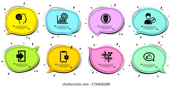Señales de adn de detección de caras, inicio de sesión y química. Burlas de chat con citas. Protección de smartphone, buen humor e iconos de línea de comentarios configurados. Gráfico de sesión, Editar símbolos de persona. Teléfono, pensamiento positivo. Vector