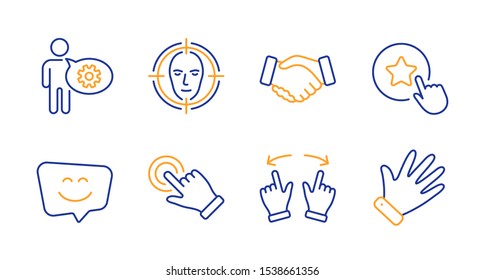 Face detect, Loyalty star and Touchscreen gesture line icons set. Smile face, Handshake and Cogwheel signs. Move gesture, Hand symbols. Select target, Bonus reward. People set. Vector