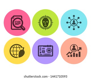 Face detect, Networking and Check article icons simple set. Environment day, Motherboard and Career ladder signs. Select target, Business communication. Science set. Flat face detect icon. Vector