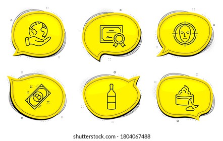Signo de detección de caras. Certificado de diploma, salva las burbujas de chat del planeta. Botella de vino, íconos de la línea de la crema de Bitcoin y de la noche. Salvia de Cabernet, moneda de Criptomoneda, loción facial. Seleccione el destino. Vector
