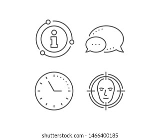 Face detect target line icon. Chat bubble, info sign elements. Head recognition sign. Identification symbol. Linear face detect outline icon. Information bubble. Vector