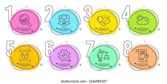 Face detection, Augmented reality and Customisation signs. Timeline steps infographic. Seo analysis, Sunny weather and Algorithm line icons set. Report, Medical pills symbols. Vector