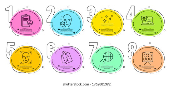 Detección de caras, etiquetas Bio y señales de protección Uv. infografía de pasos de línea de tiempo. prescripción médica, baloncesto y íconos de la línea de piel limpia. Ayuda médica, símbolos del tablero de visión. Vector