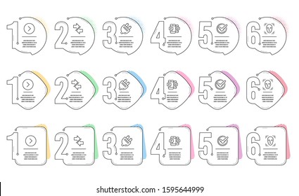 Face detection, Confirmed and Forward line icons set. Infographic timeline. Electric plug, Synchronize and Smartphone sms signs. Detect person, Accepted message, Next direction. Energy. Vector