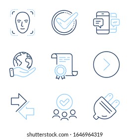 Einstellung für die Gesichtserkennung, Bestätigte und Vorwärts-Zeilensymbole. Diploma-Zertifikat, retten Planet, Gruppe von Menschen. Zeichen für Stecker, Synchronisation und Smartphone. Vektorillustration