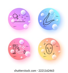 Face detection, Corn and Skin moisture minimal line icons. 3d spheres or balls buttons. Washing hands icons. For web, application, printing. Detect person, Fresh vegetable, Wet cream. Vector