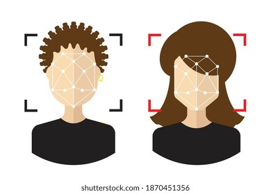 Detección de caras, reconocimiento digital, puntos faciales, signos biométricos de identificación, identificación de símbolos con avatares de personas