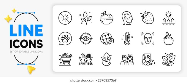 Face detection, Fruits and No sun line icons set for app include Plants watering, Doctor, World medicine outline thin icon. Eco food, Thermometer, Eye target pictogram icon. Vector