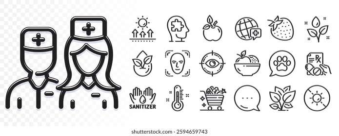 Face detection, Fruits and No sun line icons for web app. Glare of light effect. Message icon. Pack of Plants watering, Doctor, World medicine pictogram icons. Vector