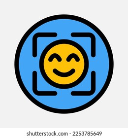 Icono de detección de caras en el estilo de línea rellena sobre la cámara, uso para presentación de aplicaciones móviles del sitio web