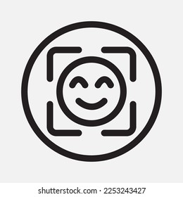 Icono de detección de caras en el estilo de línea sobre la cámara, uso para la presentación de aplicaciones móviles del sitio web
