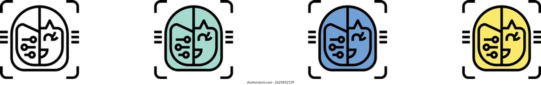 Icono de detección facial. Esquema, diseño de estilo verde, azul y amarillo aislado sobre fondo blanco