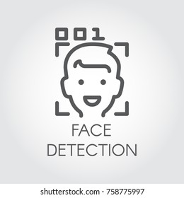 Icono de línea de detección de caras. Reconocimiento biométrico facial. Control de cabeza, escaneo de cuadros y código masculino. Tecnología de identificación humana en teléfonos, smartphones y otros dispositivos. Sistema de innovación en materia de seguridad