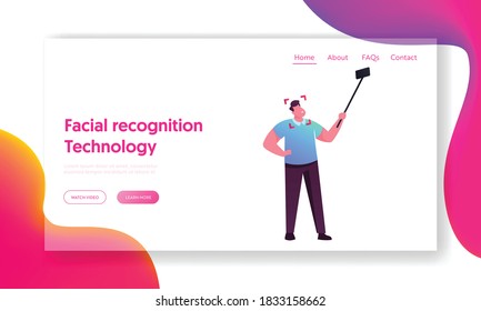 Face Detection, Mobile Phone Security Landing Page Template. Male Character Scanning Face on Smartphone, Id Verification or Biometric Data Scanning, Facial Recognition. Cartoon Vector Illustration