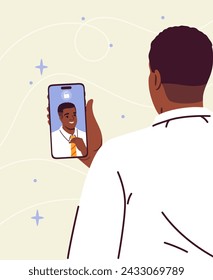 Gesichtserkennung am Telefon. Der Mensch loggt sich in sein Smartphone ein. Sicherheits- und Datenschutzsystem. Moderne Technologien und Innovationen. Cartoon flache Vektor-Illustration isoliert auf beigem Hintergrund