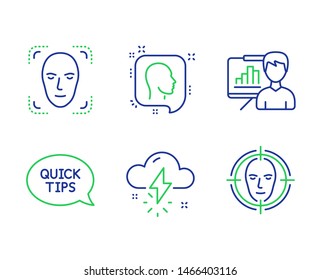 Face detection, Presentation board and Thunderstorm weather line icons set. Head, Quickstart guide and Face detect signs. Detect person, Growth chart, Thunder bolt. Profile messages. Vector