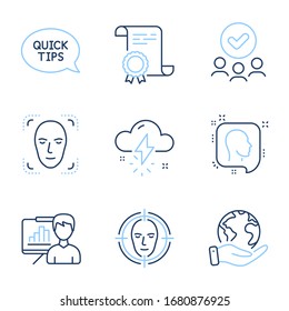 Face Detection, Presentation Board And Thunderstorm Weather Line Icons Set. Diploma Certificate, Save Planet, Group Of People. Head, Quickstart Guide And Face Detect Signs. Vector