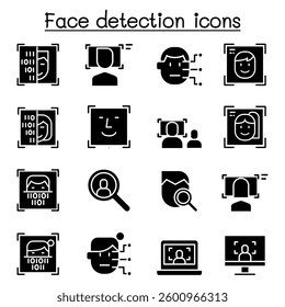 Face detection, Face recognition icon set in glyph style