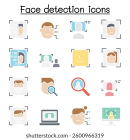 Face detection, Face recognition icon set in flat color style