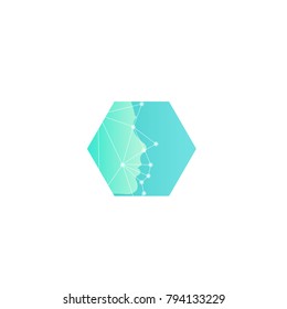 Face detection. Research of human face mimics, new technologies of the future abstract vector logo template. Face Scan with Grid. Turquoise hexagon shape.
