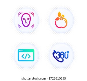 Face detection, Seo script and Eco food icons simple set. Button with halftone dots. 360 degree sign. Detect person, Programming, Organic tested. Virtual reality. Science set. Vector
