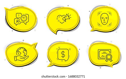 Face detection sign. Diploma certificate, save planet chat bubbles. Time management, Payment message and Love message line icons set. Office chat, Finance, Heart. Detect person. Business set. Vector