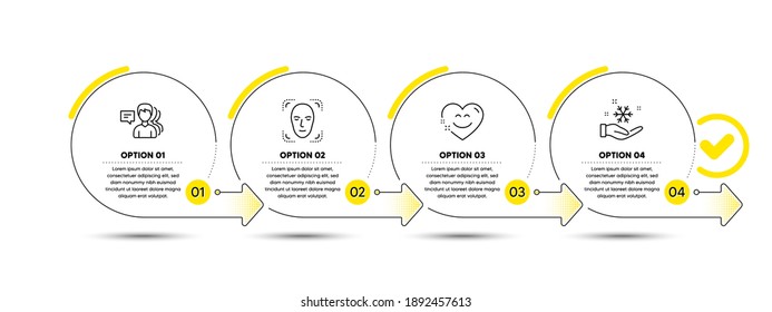 Face detection, Smile chat and People line icons set. Timeline process infograph. Freezing sign. Detect person, Heart face, Support job. Air conditioner. People set. Vector