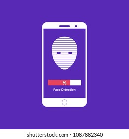 Face Detection System Not Smartphone, Unlock Screen, Blue, White, Crane, Eyes, Percent Download, Vector Illustration, Flat