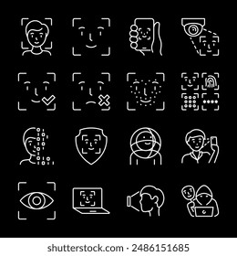 Detección de caras, iconos de línea blanca. Biometría, sistemas de seguridad de escaneo facial y tecnología de cámaras. Esencial para la seguridad y la tecnología visual. Símbolos sobre fondo negro. Trazo editable.