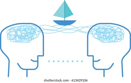 Face to face dialog. Two persons thinking, talking and generating ideas. Intellectual creativity and education concept. Line art vector illustration