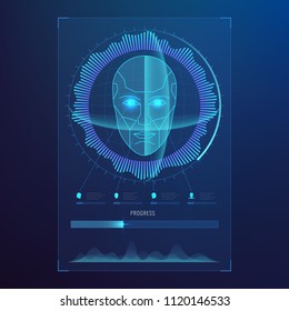 Face Digital Recognition, Id Faces Biometric Scanning To Safe Access Abstract Vector Futuristic Background. Scan Face Digital, Recognition Verification And Identification Illustration