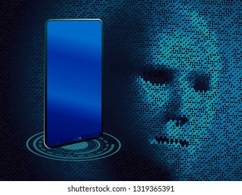 Face digital technology background. Scan  and recognition face. Smartphone identifies with verification personal information.