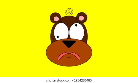 The face of a dizzy cartoon bear. His pupils are pointing different directions, his mouth is showing frown and there is a spiral above his head. Yellow background. 