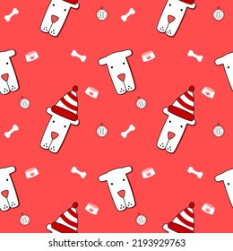 Face dog cartoon so cute and hat.on bone  dog bowl dog tag red background.seamless pattern vector and illustration.