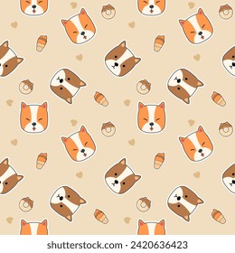 Face dog cartoon so cute. On ice cream donut heart background. Pattern seamless vector illustration. 