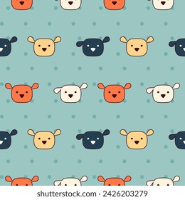 Face dog cartoon so cute. On polka dot green background. Pattern seamless vector illustration. 
