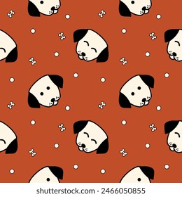 Face dog cartoon so cute. On bone polka dot and orange background. Pattern seamless vector illustration. 