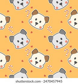 Face dog cartoon so cute. On candy cane heart yellow background. Pattern seamless vector illustration. 
