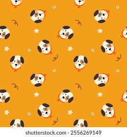 Face dog cartoon so cute. On heart star yellow background. Pattern seamless vector illustration. 