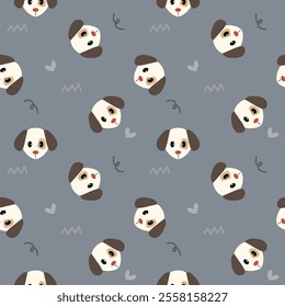 Face dog cartoon so cute. On heart gray background. Pattern seamless vector illustration. 
