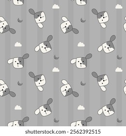 Face dog cartoon so cute. On moon cloud gray background. Pattern seamless vector illustration. 