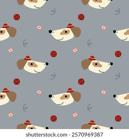 Face dog cartoon so cute. On ball heart gray background. Pattern seamless vector illustration. 