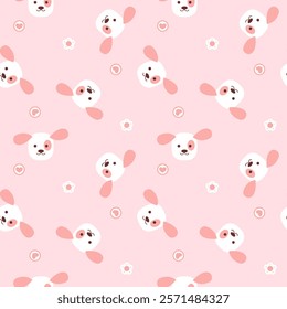 Face dog cartoon so cute. On flower heart pink background. Pattern seamless vector illustration. 