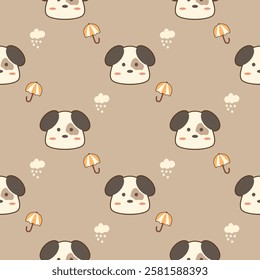 Face dog cartoon so cute. On umbrella cloud rain brown background. Pattern seamless vector illustration. 