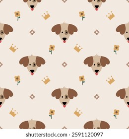 Face dog cartoon so cute. On flower crown background. Pattern seamless vector illustration. 