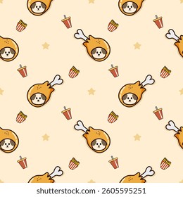 Face dog in fried chicken drumsticks cartoon so cute. On french fries drinks star background. Pattern seamless vector illustration. 