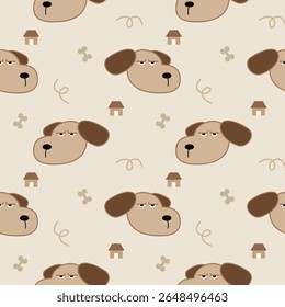 Caricatura de cara de cachorro carranca tão fofo. No fundo da casa de osso. Ilustração de vetor uniforme de padrão. 