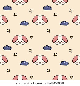 Face dog pink cartoon so cute. On cloud star background. Pattern seamless vector illustration. 