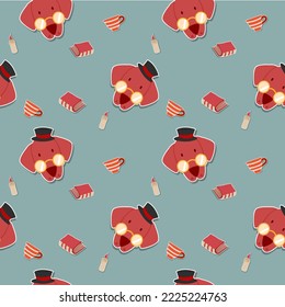Face dog red cartoon so cute .on book coffee cup candle green background.pattern seamless vector and illustration.


