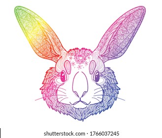 The face of a domestic rabbit. Stylish multi-colored freehand drawing. Antistress coloring page. Mandala and patterns. Ethnic print.